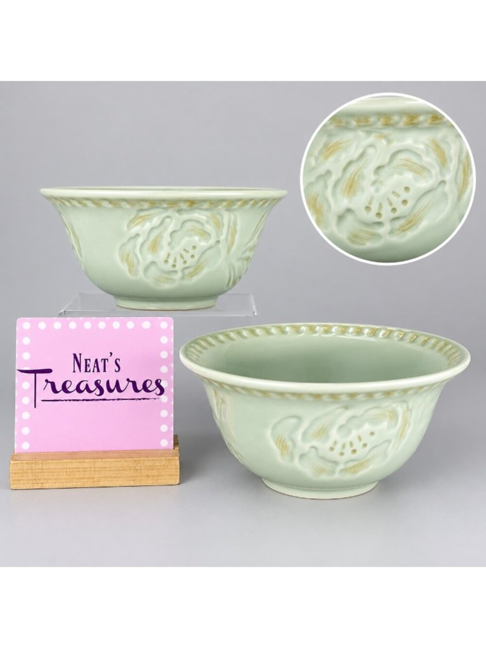 Fitz And Floyd TOULOUSE GREEN Bird Nest Butterfly Raised Ceramic Soup Bowl Set 2